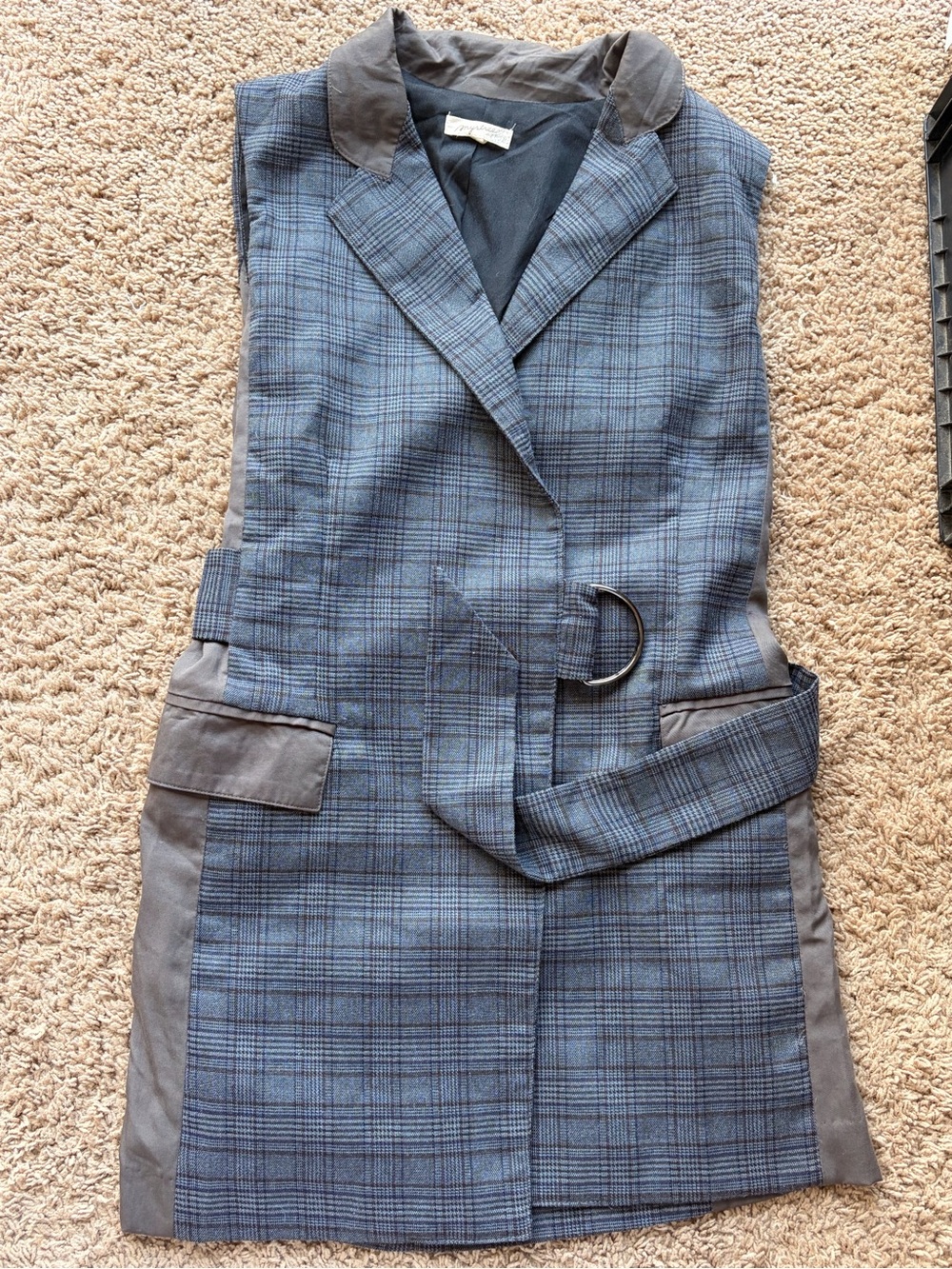 Mystree Blue Plaid Sleeveless Belted Vest with Gray Accents